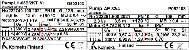 Updated rating plate of  Kolmeks pumps