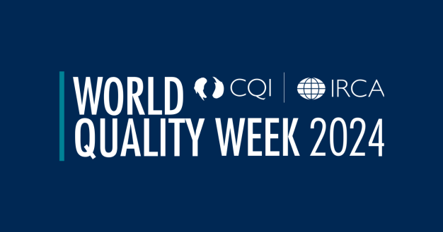 "World Quality Week 2024" with logos for CQI and IRCA on a blue background